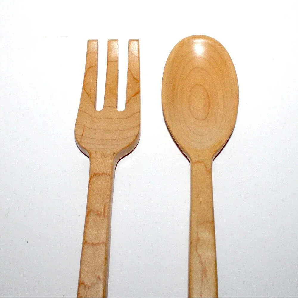 Crate & Barrel Salad Server Set Maple Wood large serving 14